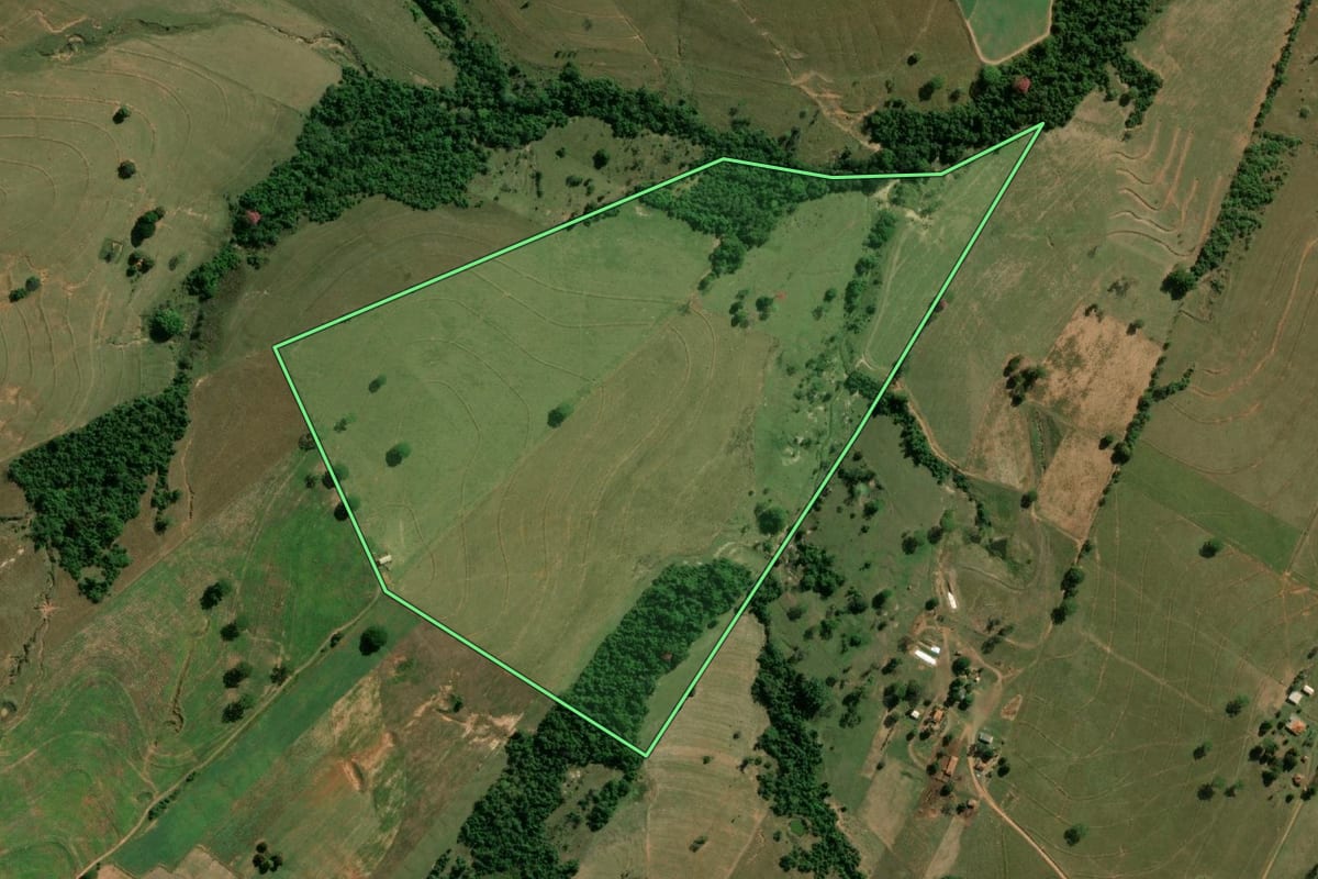 Imagem de satélite do imóvel rural em Martinópolis (SP), com o contorno declarado no CAR desenhado por cima.