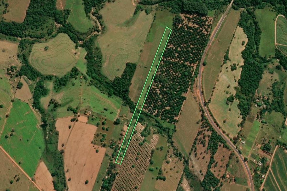Imagem de satélite do imóvel rural em Martinópolis (SP), com o contorno declarado no CAR desenhado por cima.