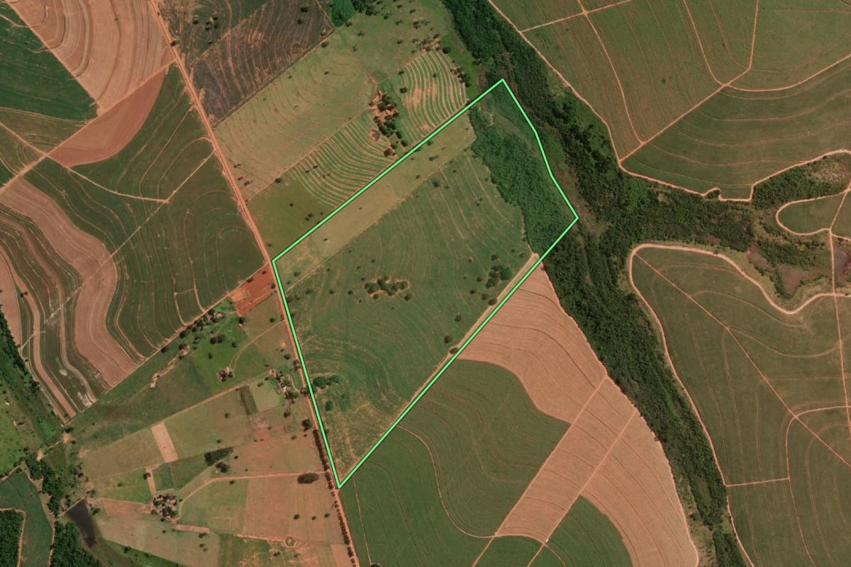 Imagem de satélite do imóvel rural em Martinópolis (SP), com o contorno declarado no CAR desenhado por cima.