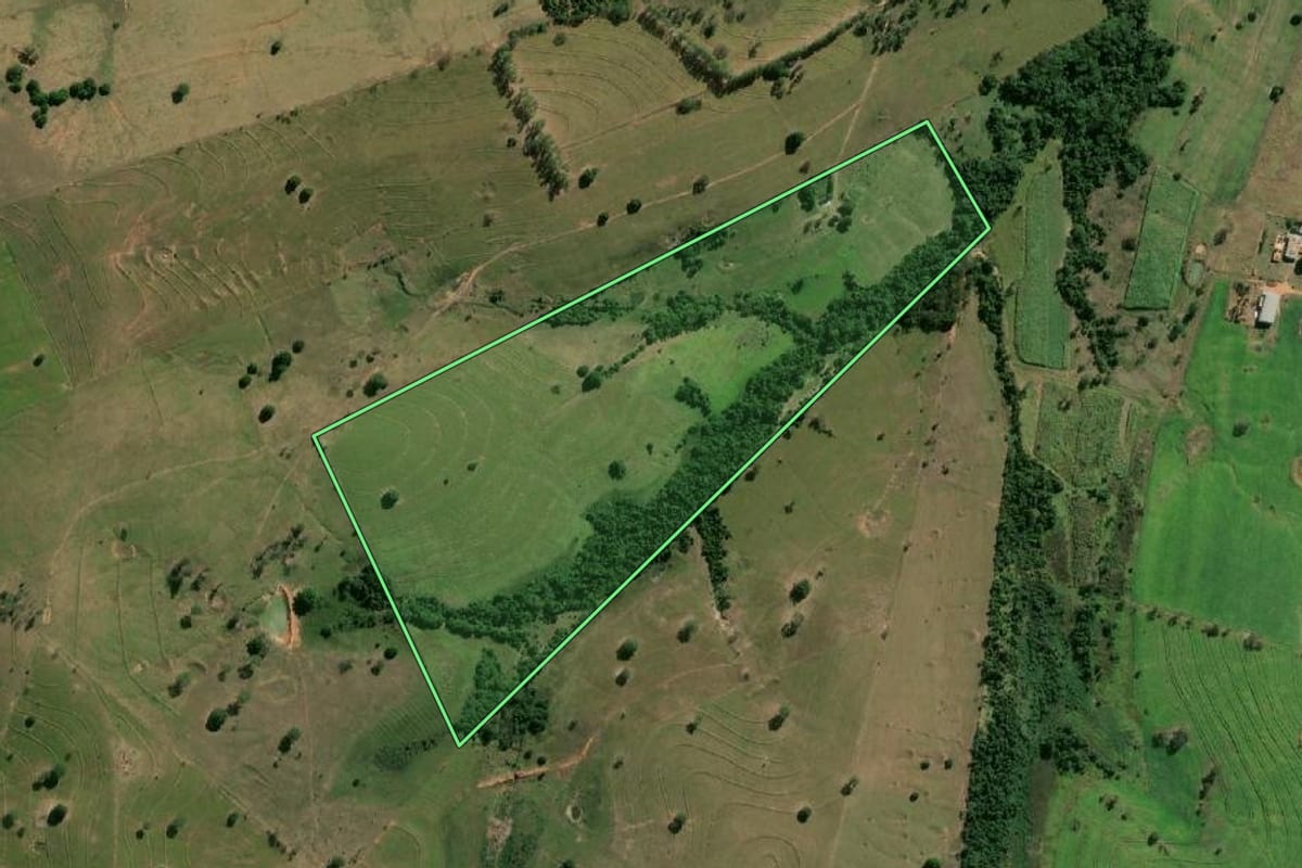 Imagem de satélite do imóvel rural em Martinópolis (SP), com o contorno declarado no CAR desenhado por cima.