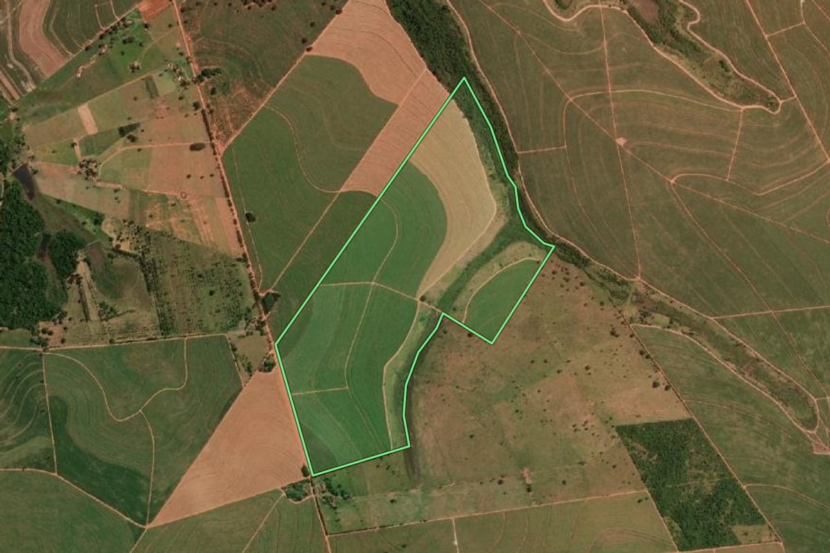 Imagem de satélite do imóvel rural em Martinópolis (SP), com o contorno declarado no CAR desenhado por cima.