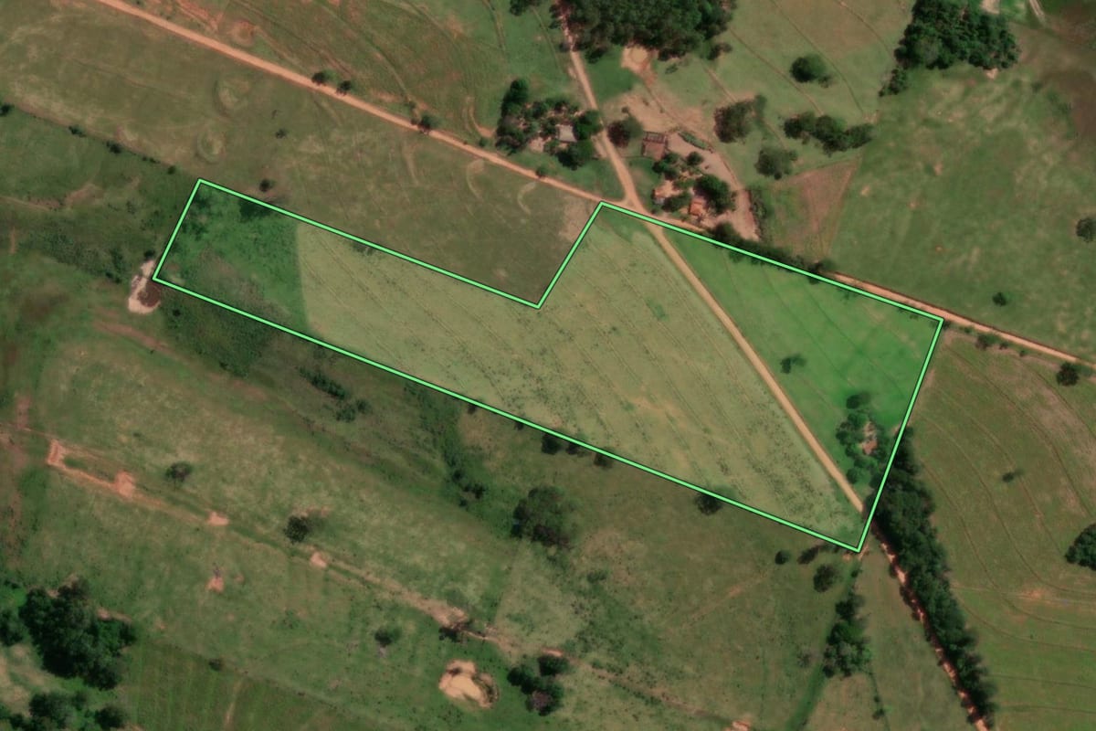 Imagem de satélite do imóvel rural em Martinópolis (SP), com o contorno declarado no CAR desenhado por cima.