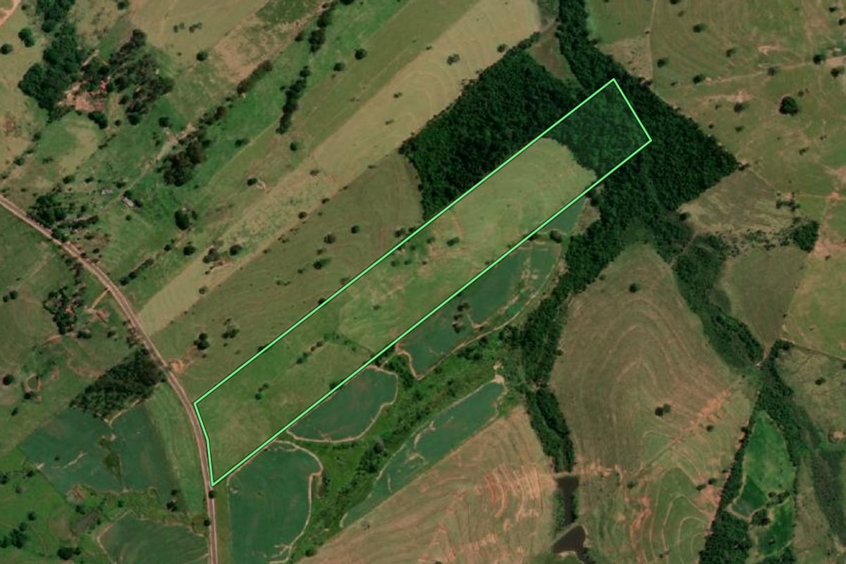 Imagem de satélite do imóvel rural em Martinópolis (SP), com o contorno declarado no CAR desenhado por cima.