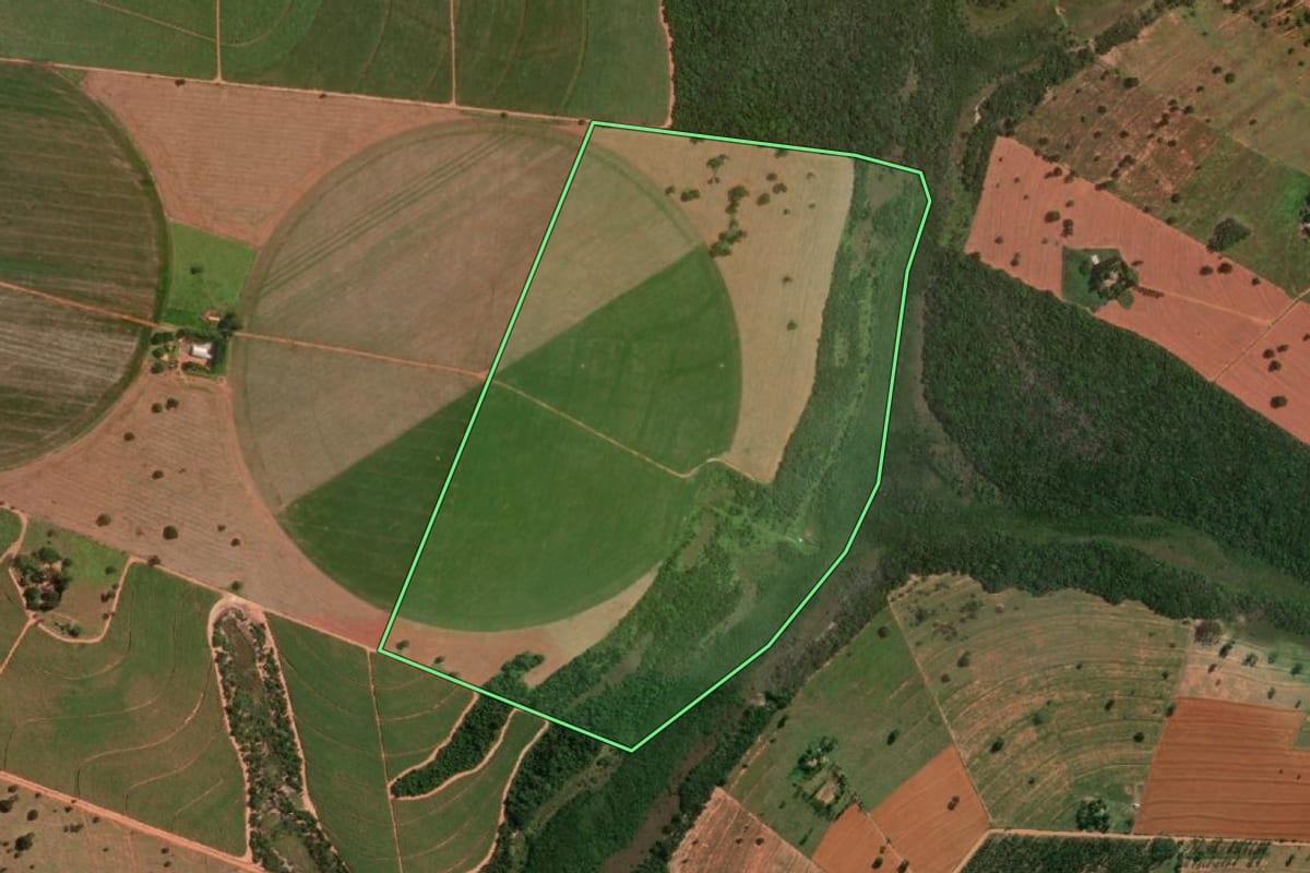 Imagem de satélite do imóvel rural em Martinópolis (SP), com o contorno declarado no CAR desenhado por cima.