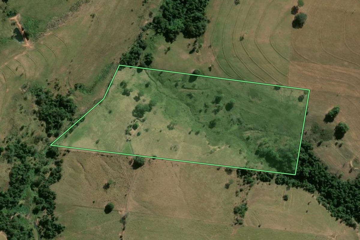 Imagem de satélite do imóvel rural em Martinópolis (SP), com o contorno declarado no CAR desenhado por cima.