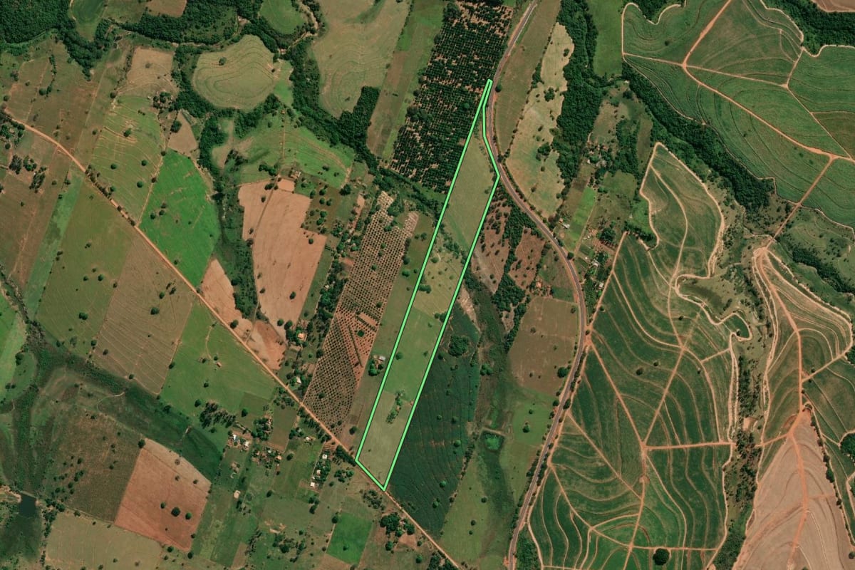 Imagem de satélite do imóvel rural em Martinópolis (SP), com o contorno declarado no CAR desenhado por cima.