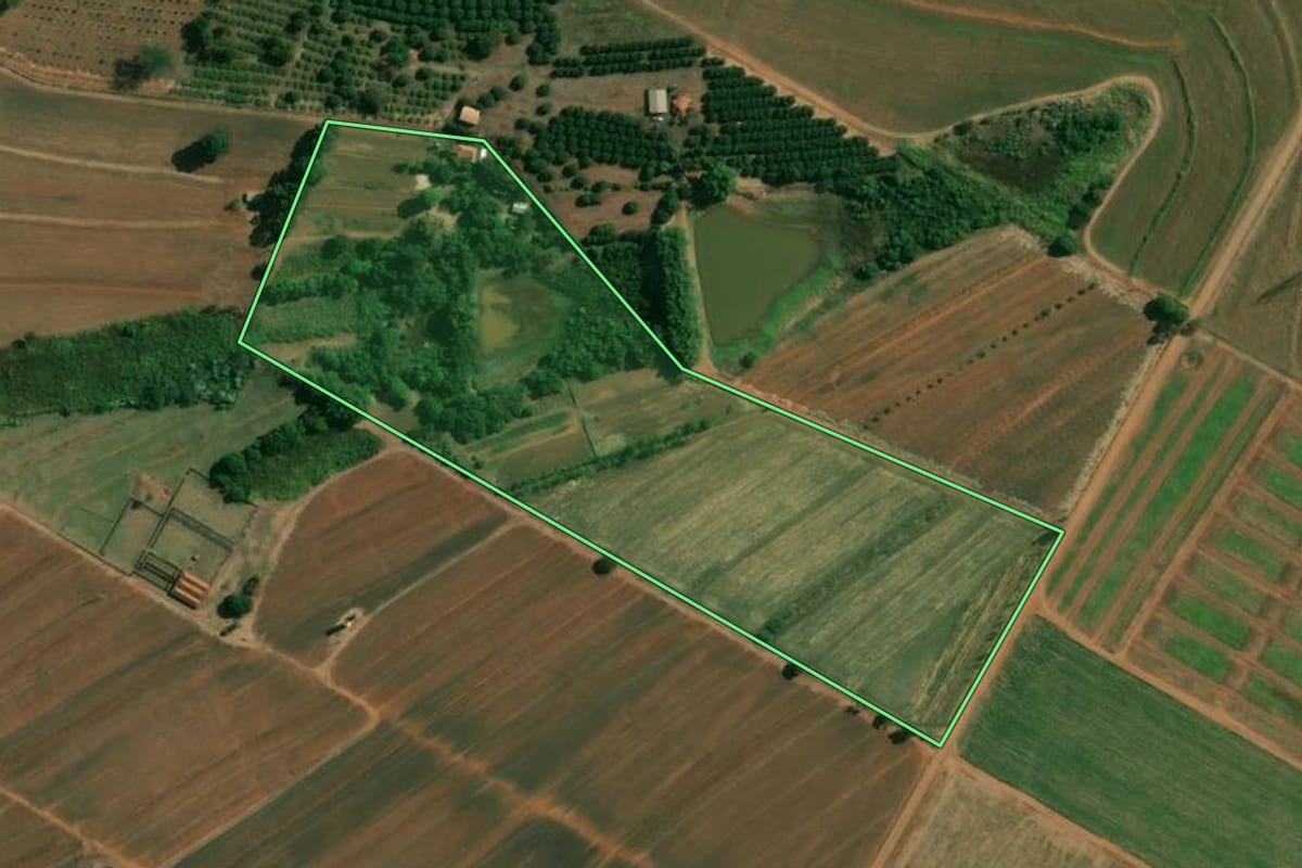 Imagem de satélite do imóvel rural em Matão (SP), com o contorno declarado no CAR desenhado por cima.