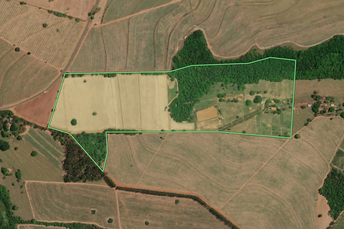 Imagem de satélite do imóvel rural em Matão (SP), com o contorno declarado no CAR desenhado por cima.