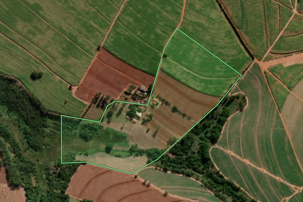 Imagem de satélite do imóvel rural em Matão (SP), com o contorno declarado no CAR desenhado por cima.
