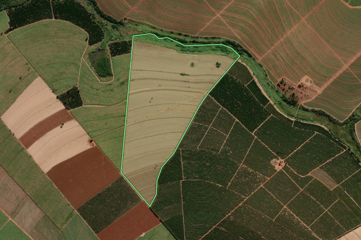 Imagem de satélite do imóvel rural em Matão (SP), com o contorno declarado no CAR desenhado por cima.