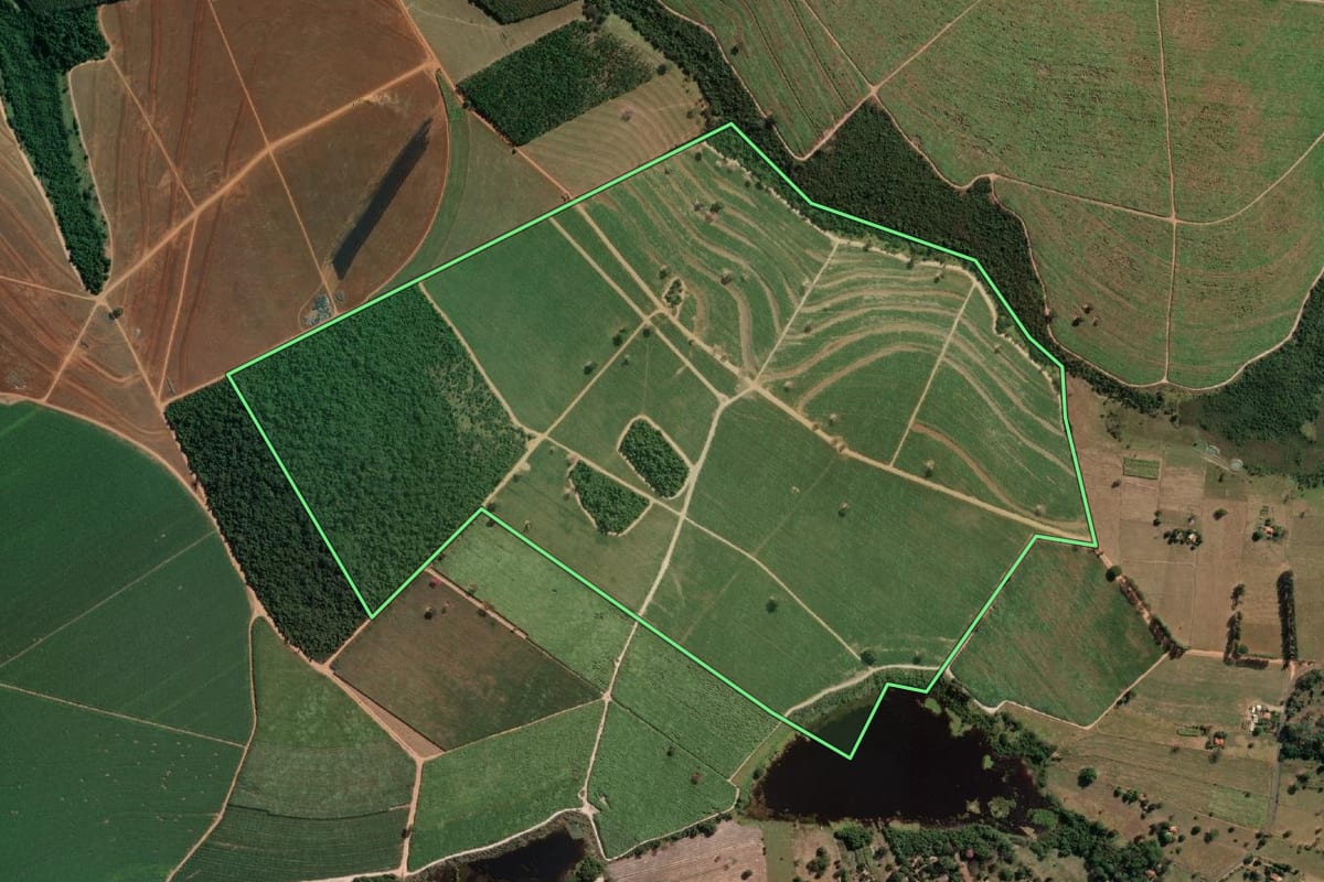 Imagem de satélite do imóvel rural em Mendonça (SP), com o contorno declarado no CAR desenhado por cima.