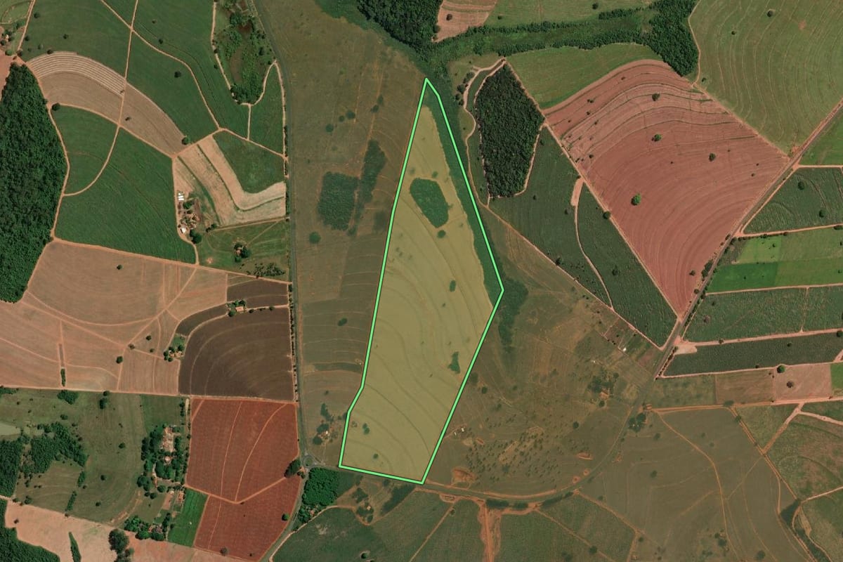 Imagem de satélite do imóvel rural em Mendonça (SP), com o contorno declarado no CAR desenhado por cima.