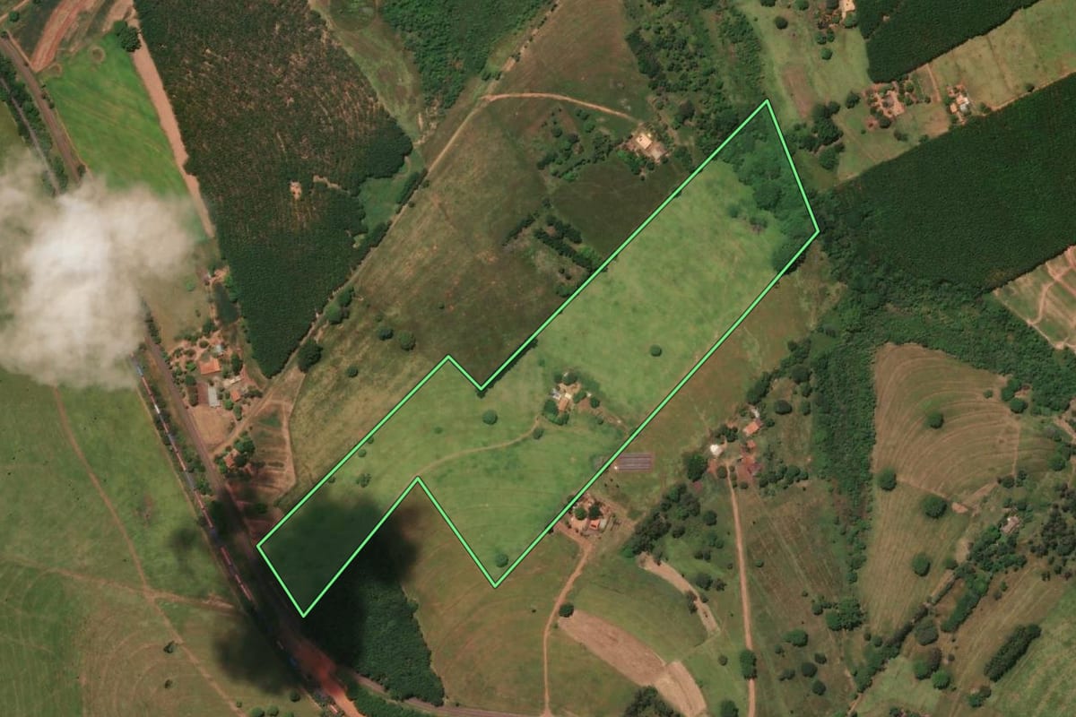 Imagem de satélite do imóvel rural em Meridiano (SP), com o contorno declarado no CAR desenhado por cima.