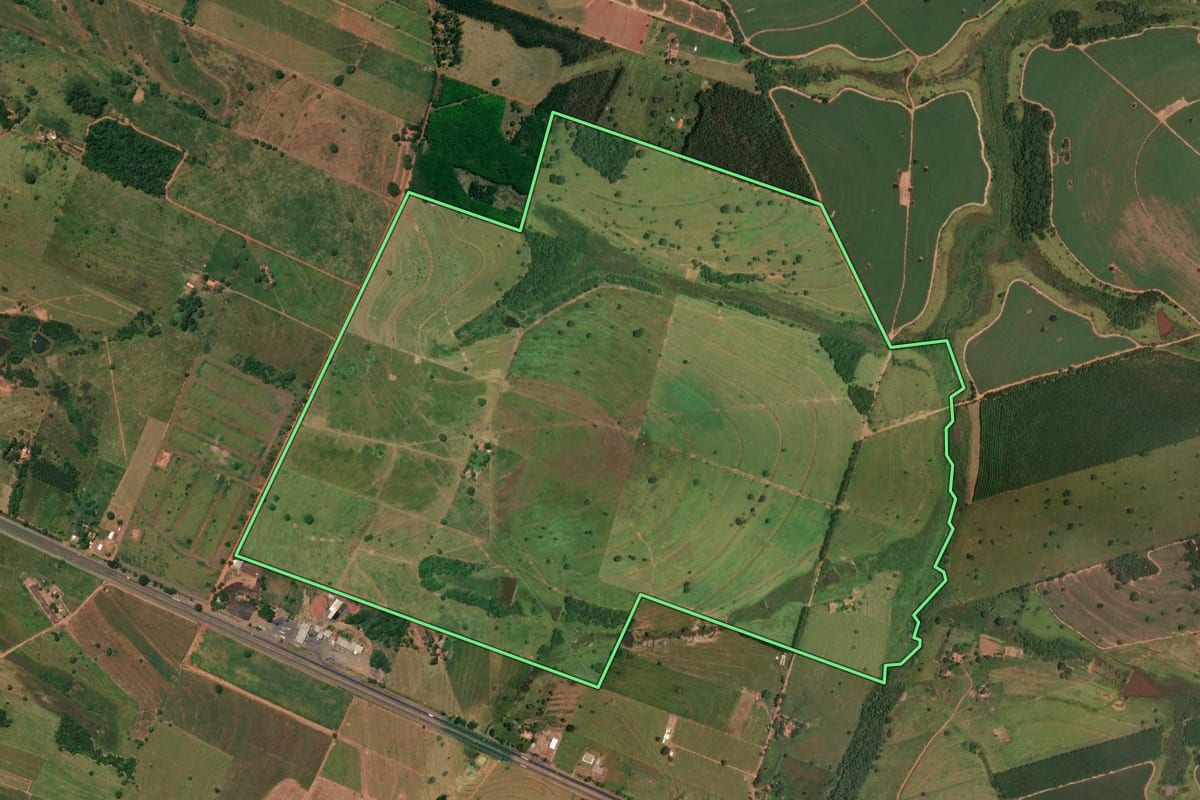 Imagem de satélite do imóvel rural em Meridiano (SP), com o contorno declarado no CAR desenhado por cima.