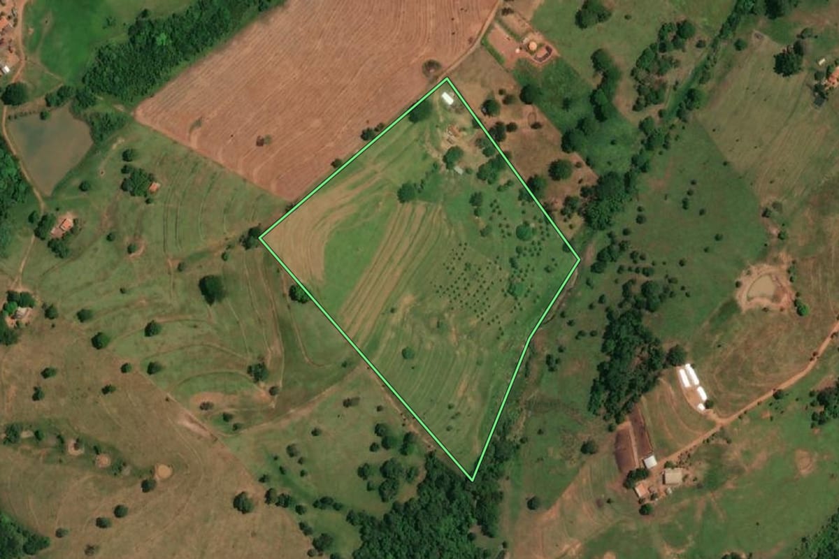 Imagem de satélite do imóvel rural em Meridiano (SP), com o contorno declarado no CAR desenhado por cima.