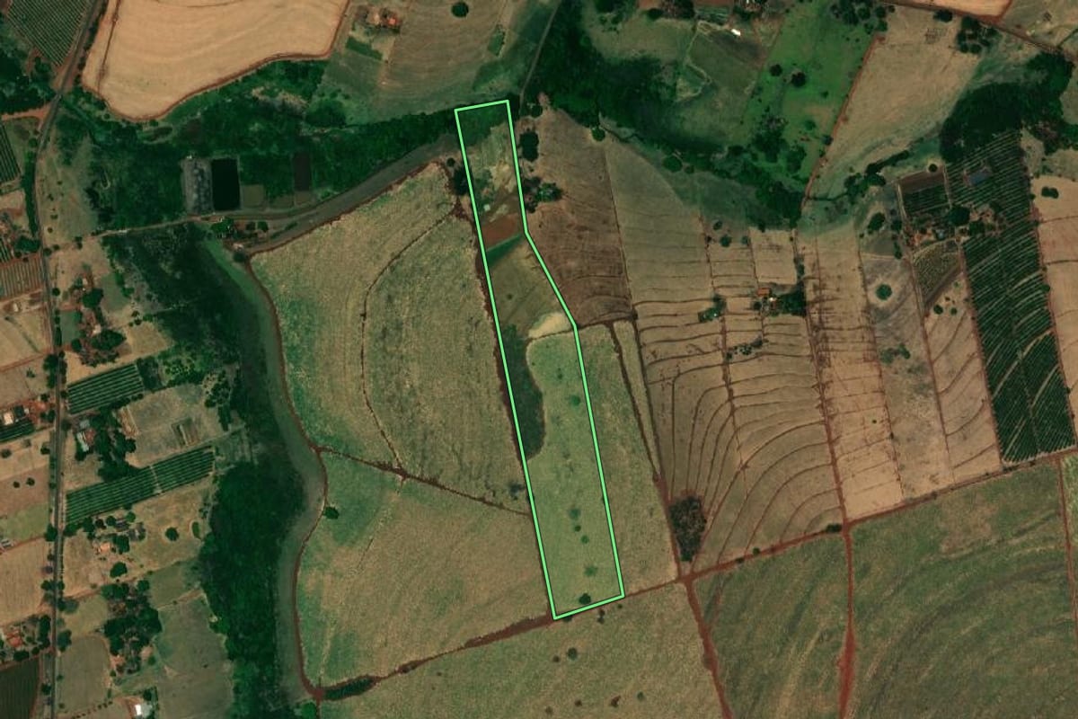 Imagem de satélite do imóvel rural em Mesópolis (SP), com o contorno declarado no CAR desenhado por cima.