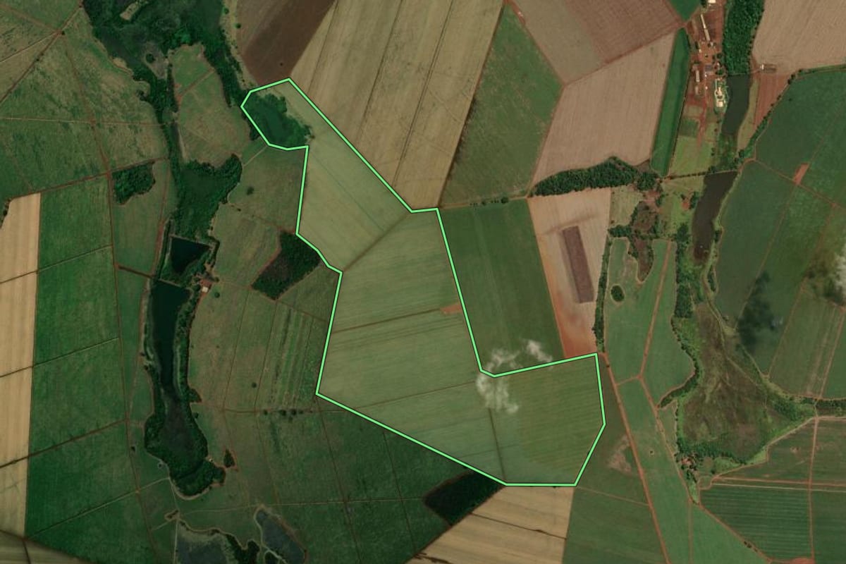 Imagem de satélite do imóvel rural em Miguelópolis (SP), com o contorno declarado no CAR desenhado por cima.
