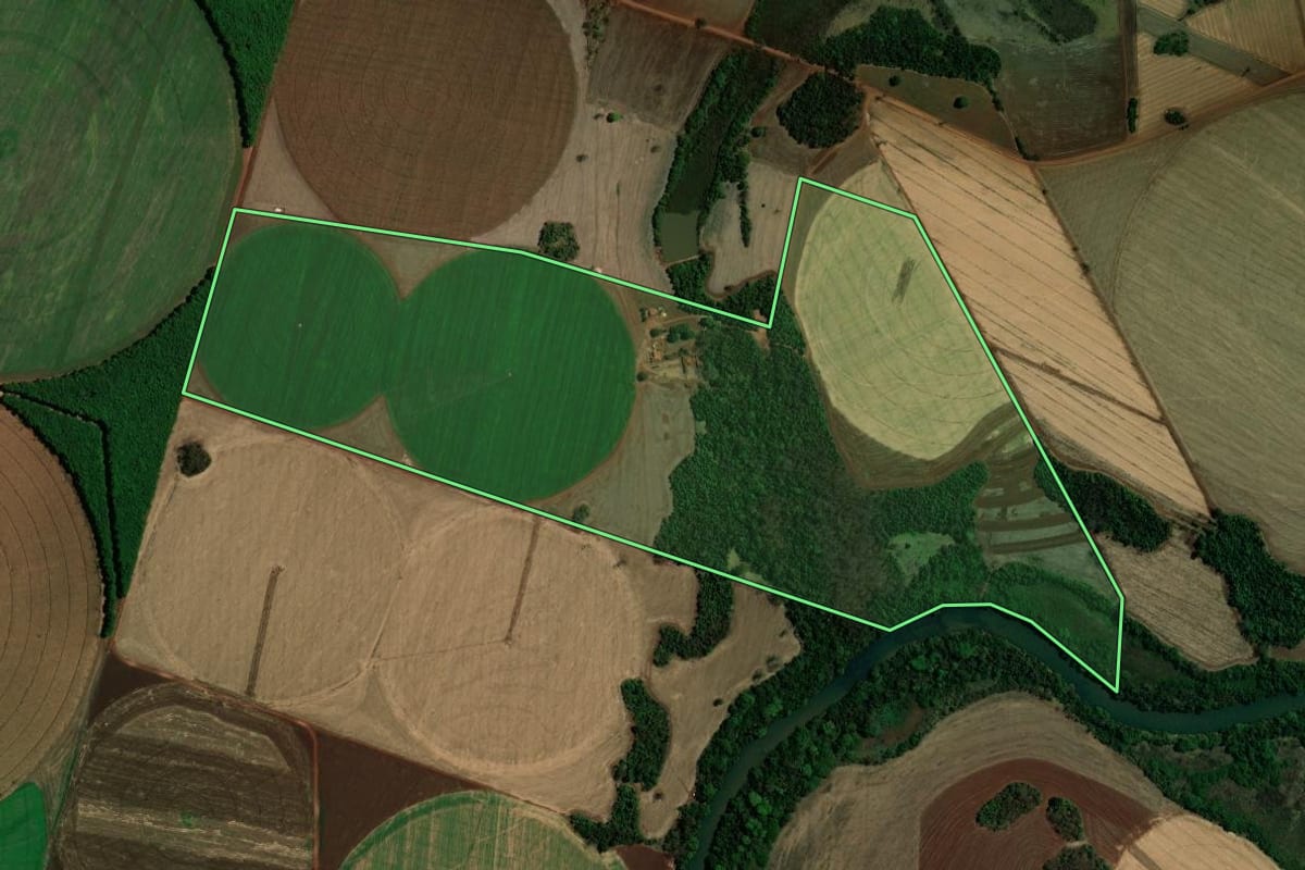 Imagem de satélite do imóvel rural em Miguelópolis (SP), com o contorno declarado no CAR desenhado por cima.