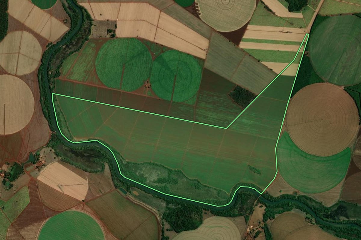 Imagem de satélite do imóvel rural em Miguelópolis (SP), com o contorno declarado no CAR desenhado por cima.