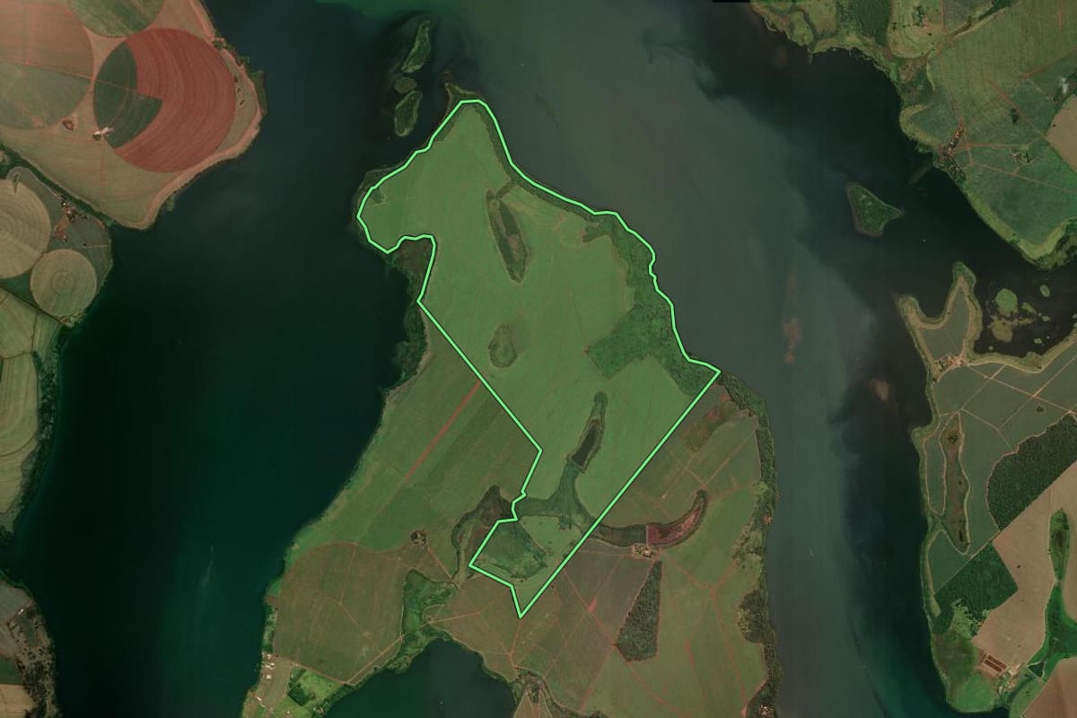 Imagem de satélite do imóvel rural em Miguelópolis (SP), com o contorno declarado no CAR desenhado por cima.
