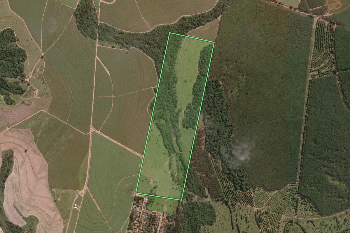 Imagem de satélite do imóvel rural em Mineiros do Tietê (SP), com o contorno declarado no CAR desenhado por cima.