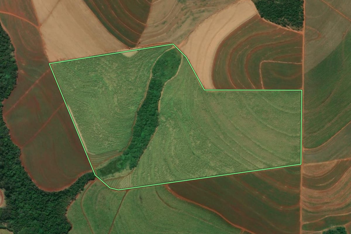Imagem de satélite do imóvel rural em Mineiros do Tietê (SP), com o contorno declarado no CAR desenhado por cima.