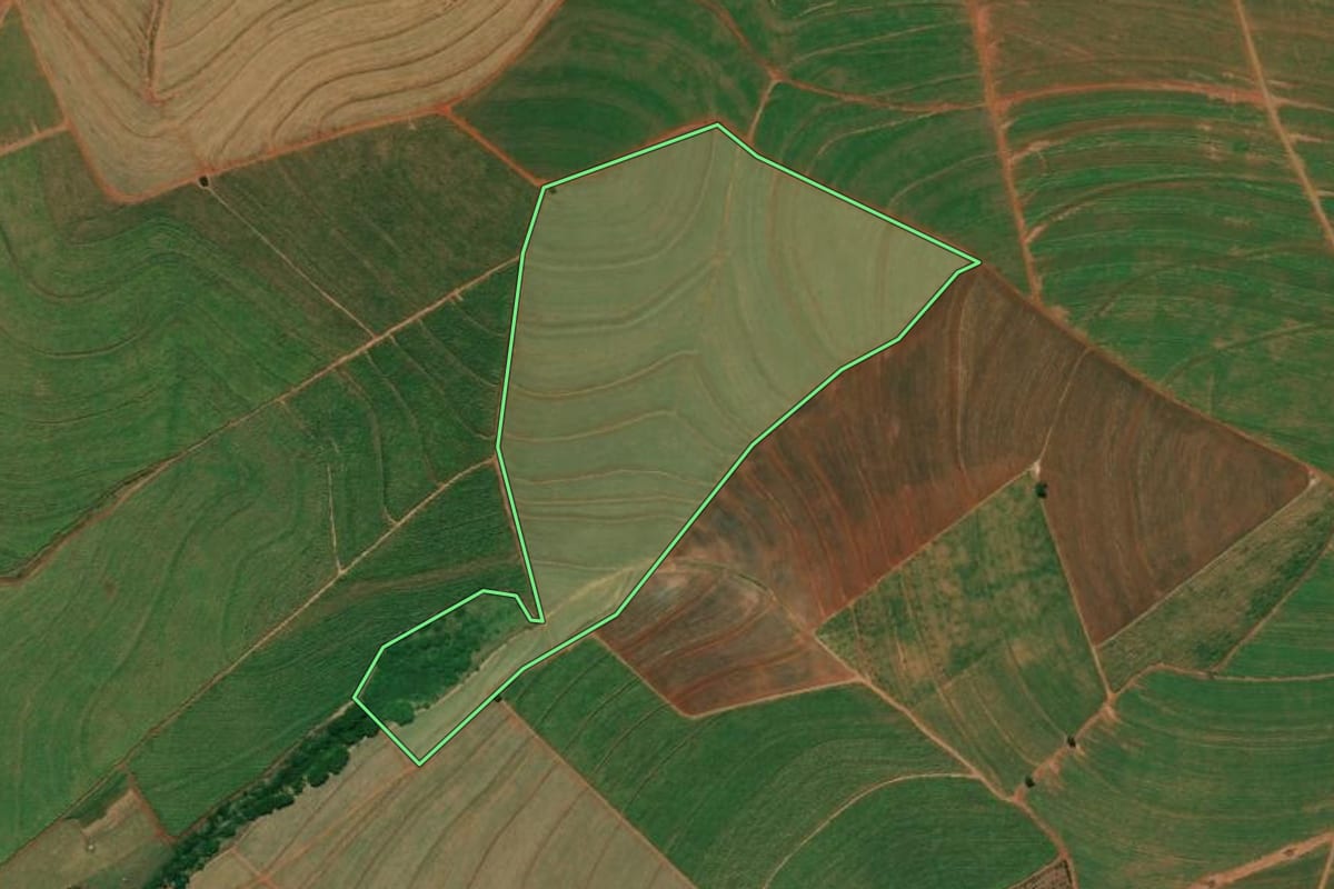 Imagem de satélite do imóvel rural em Mineiros do Tietê (SP), com o contorno declarado no CAR desenhado por cima.