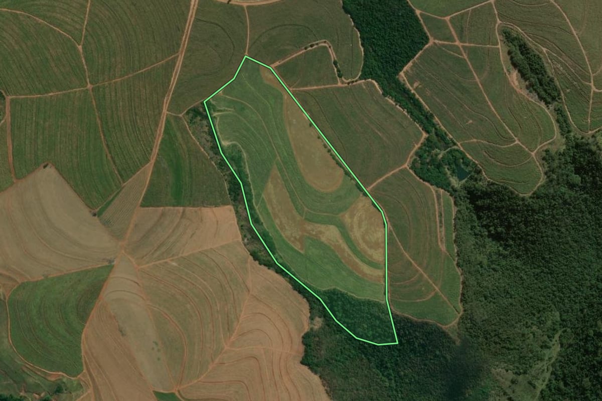 Imagem de satélite do imóvel rural em Mineiros do Tietê (SP), com o contorno declarado no CAR desenhado por cima.