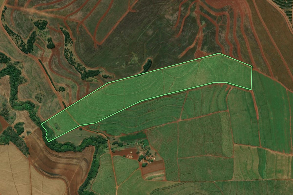 Imagem de satélite do imóvel rural em Mineiros do Tietê (SP), com o contorno declarado no CAR desenhado por cima.