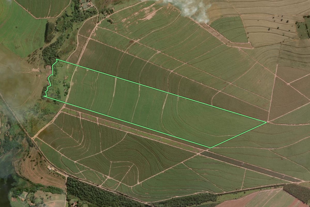 Imagem de satélite do imóvel rural em Mineiros do Tietê (SP), com o contorno declarado no CAR desenhado por cima.