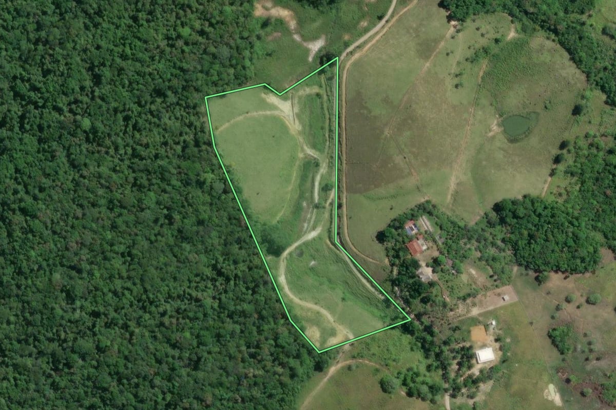 Imagem de satélite do imóvel rural em Miracatu (SP), com o contorno declarado no CAR desenhado por cima.