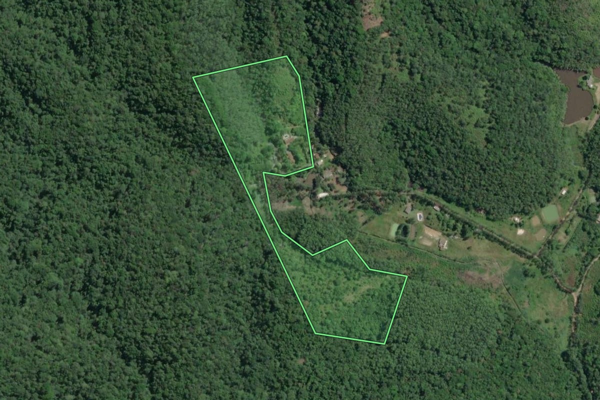 Imagem de satélite do imóvel rural em Miracatu (SP), com o contorno declarado no CAR desenhado por cima.