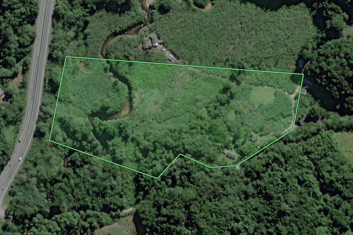 Imagem de satélite do imóvel rural em Miracatu (SP), com o contorno declarado no CAR desenhado por cima.