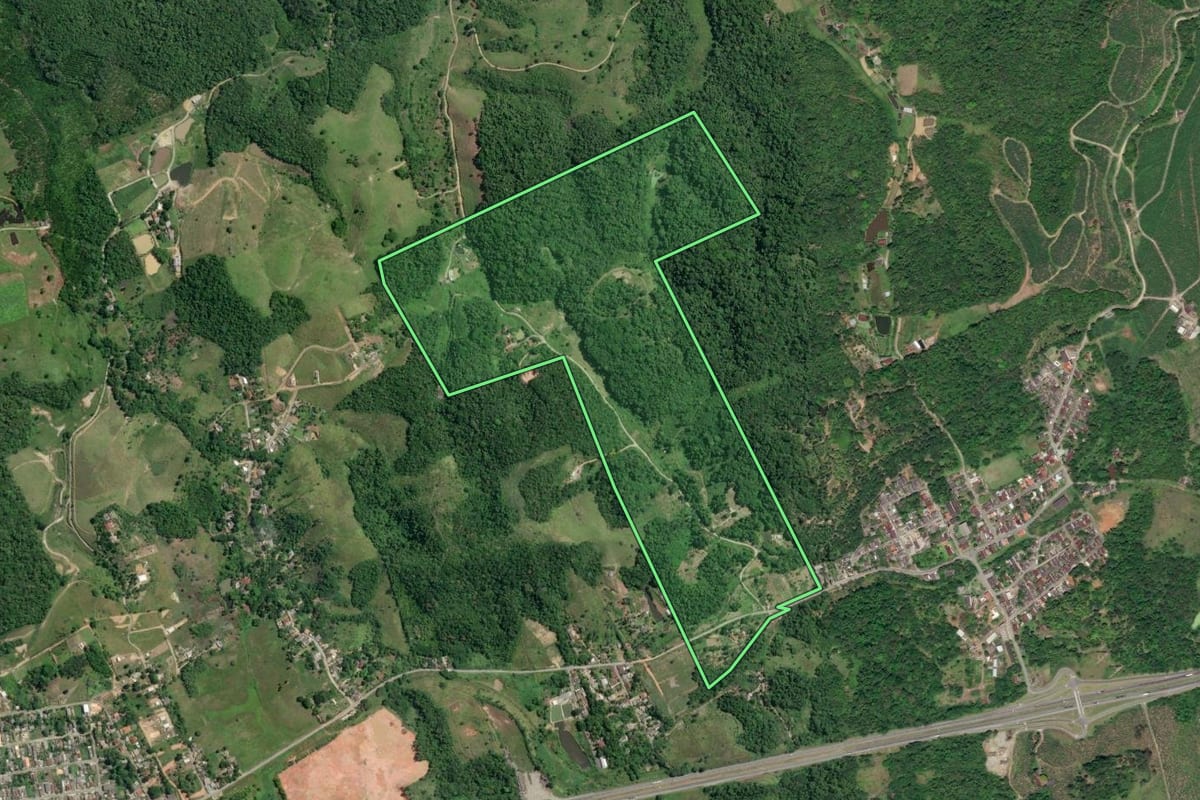 Imagem de satélite do imóvel rural em Miracatu (SP), com o contorno declarado no CAR desenhado por cima.