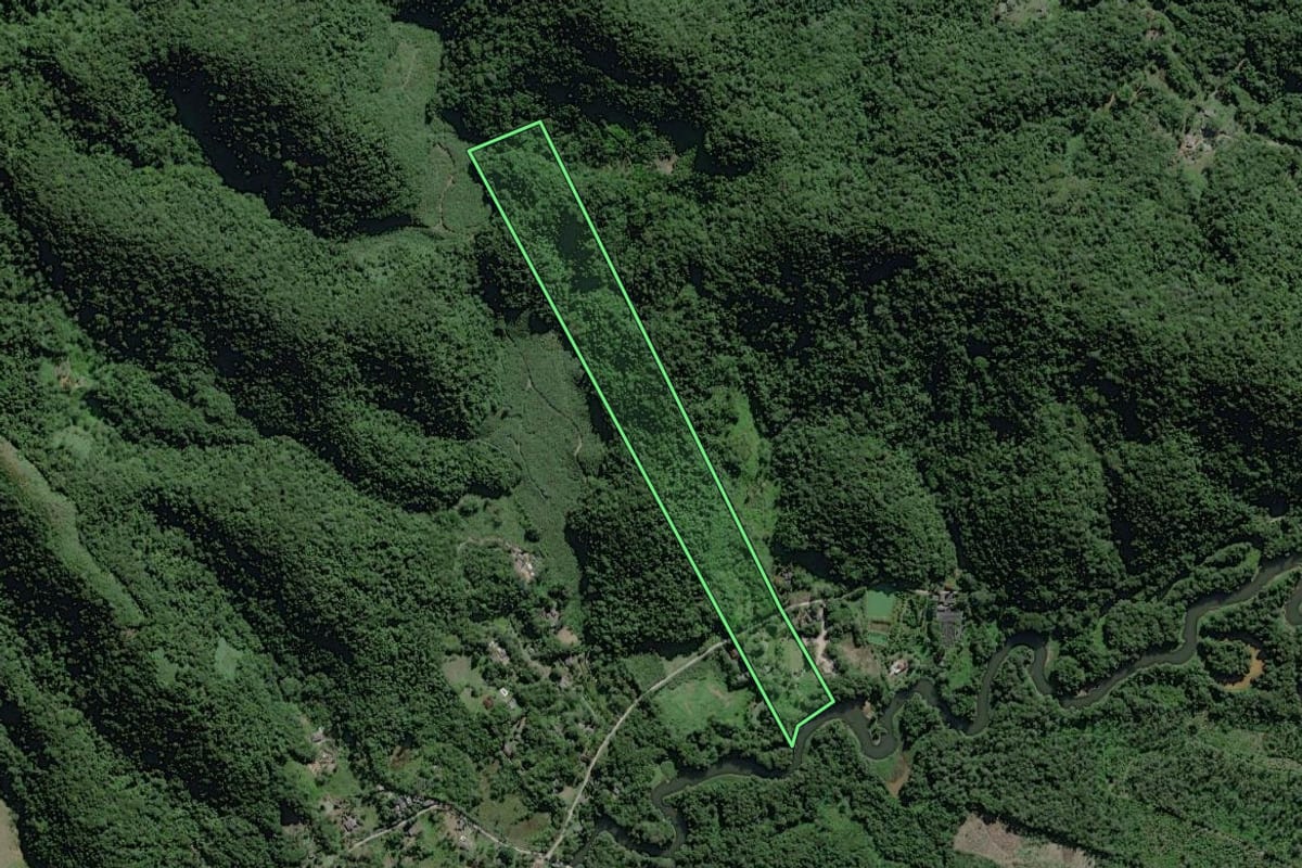 Imagem de satélite do imóvel rural em Miracatu (SP), com o contorno declarado no CAR desenhado por cima.