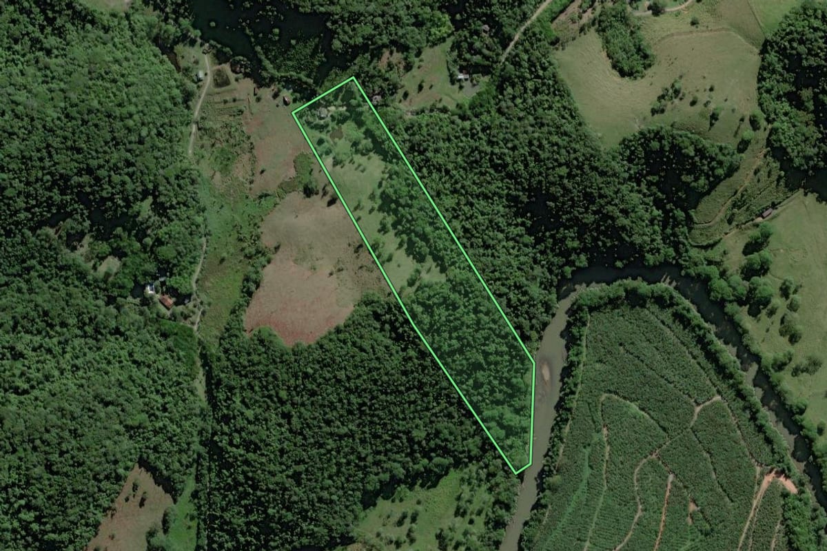 Imagem de satélite do imóvel rural em Miracatu (SP), com o contorno declarado no CAR desenhado por cima.