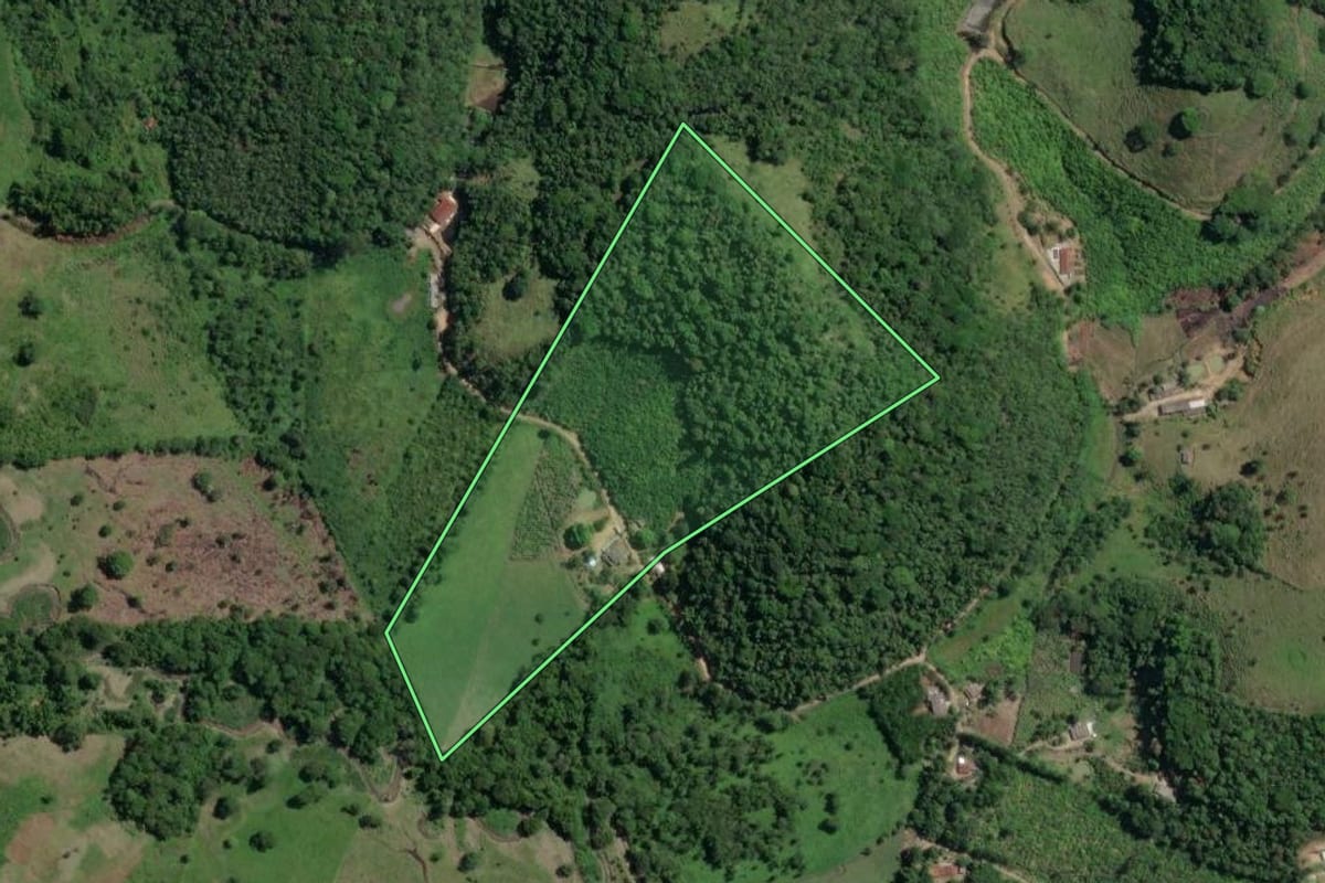 Imagem de satélite do imóvel rural em Miracatu (SP), com o contorno declarado no CAR desenhado por cima.