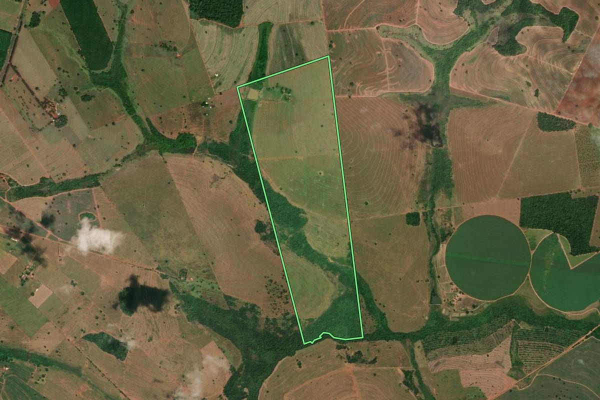Imagem de satélite do imóvel rural em Mira Estrela (SP), com o contorno declarado no CAR desenhado por cima.
