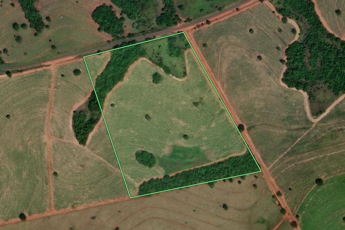 Imagem de satélite do imóvel rural em Mira Estrela (SP), com o contorno declarado no CAR desenhado por cima.