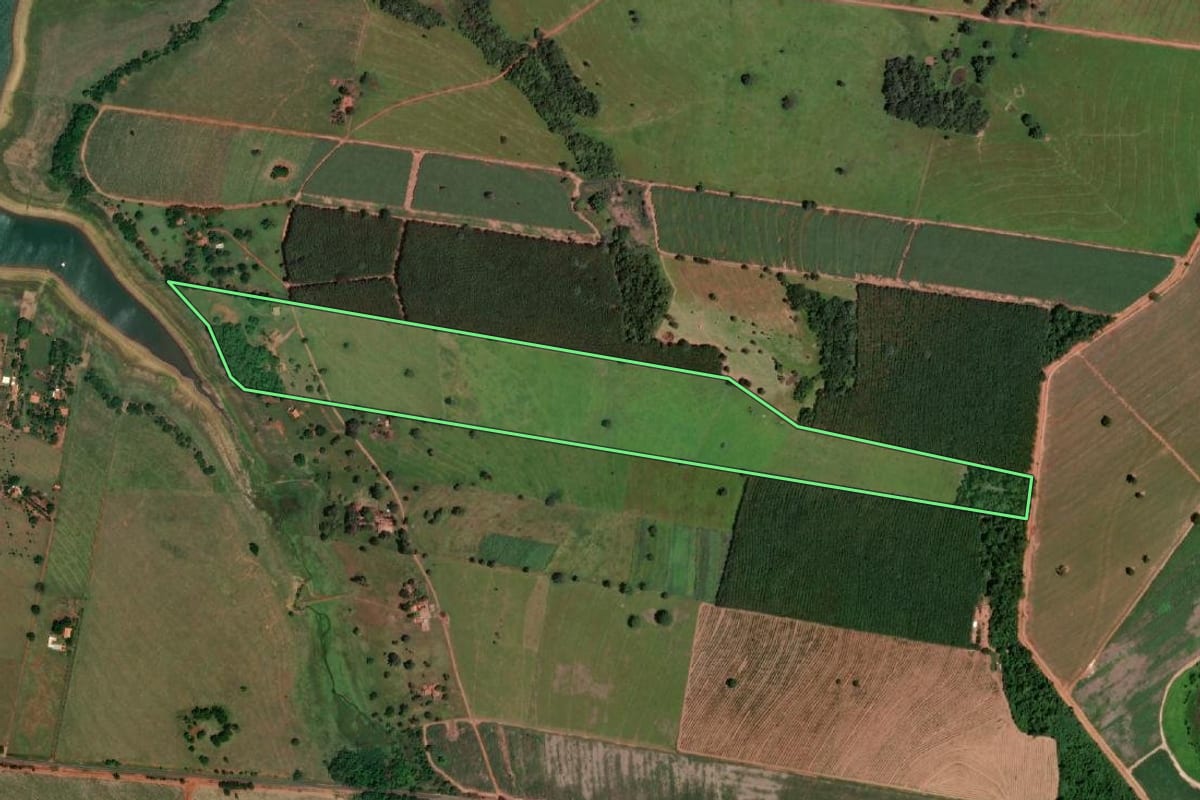 Imagem de satélite do imóvel rural em Mira Estrela (SP), com o contorno declarado no CAR desenhado por cima.