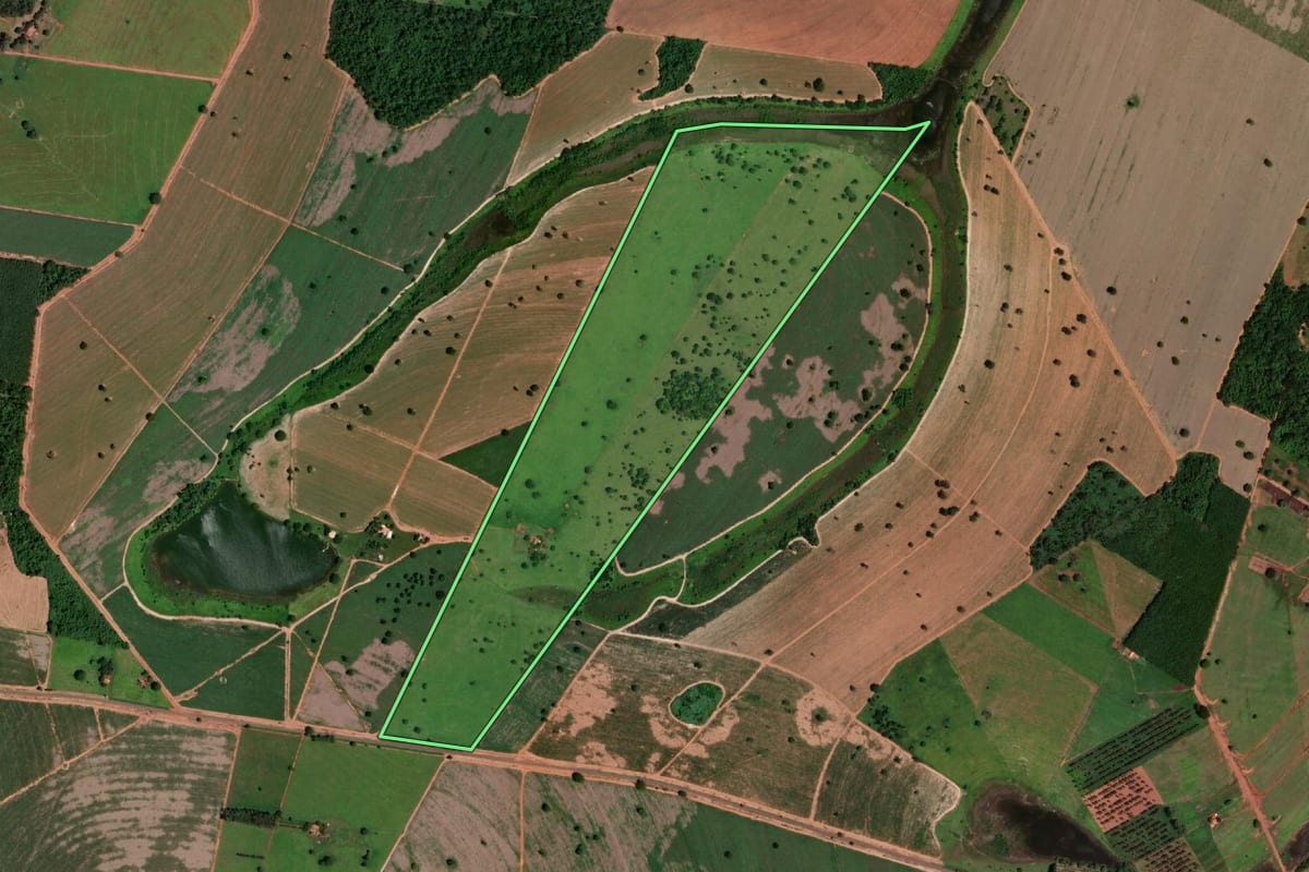 Imagem de satélite do imóvel rural em Mira Estrela (SP), com o contorno declarado no CAR desenhado por cima.