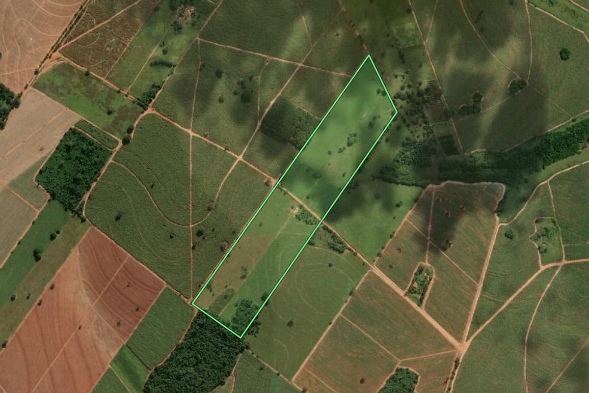 Imagem de satélite do imóvel rural em Mirandópolis (SP), com o contorno declarado no CAR desenhado por cima.