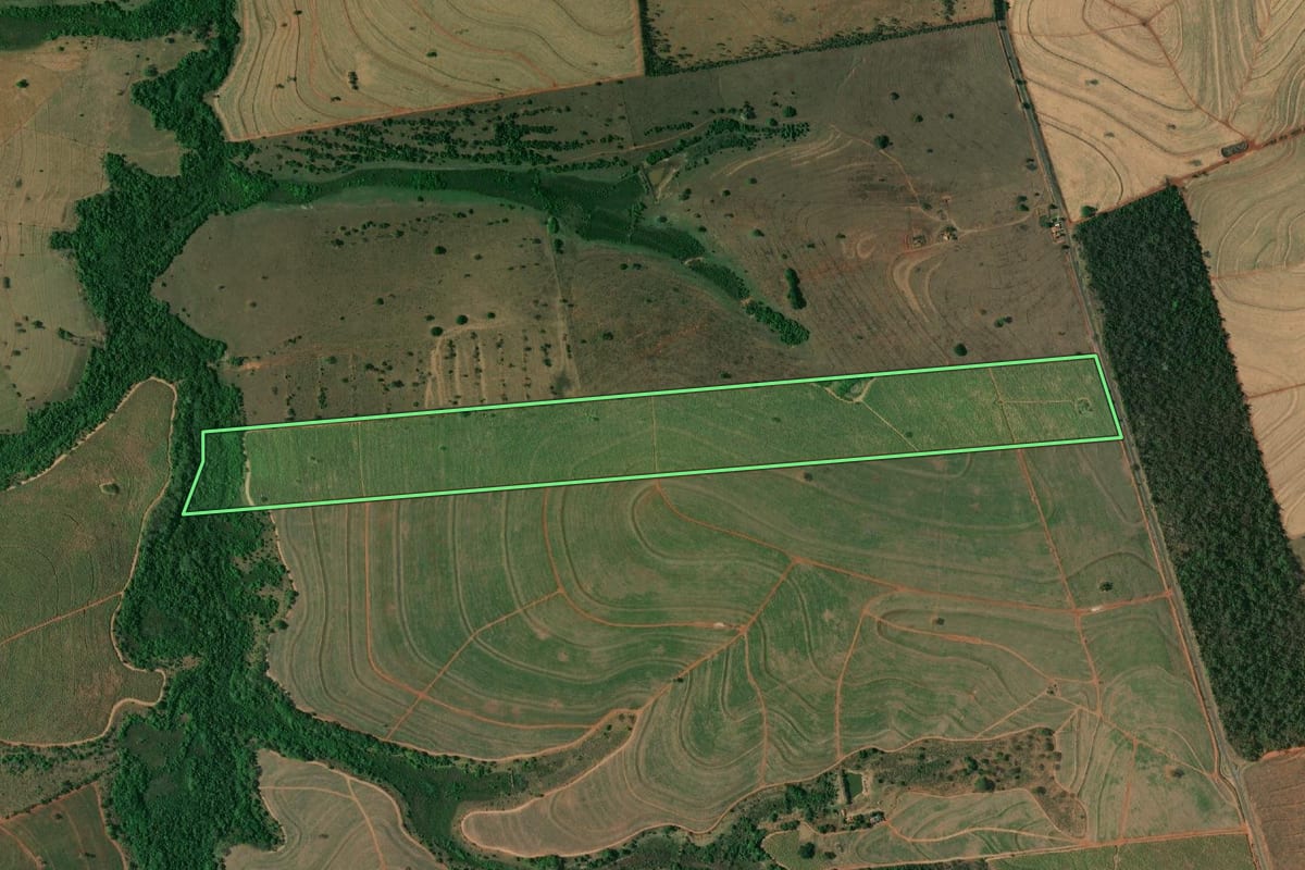Imagem de satélite do imóvel rural em Mirandópolis (SP), com o contorno declarado no CAR desenhado por cima.