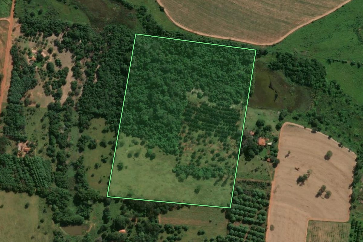 Imagem de satélite do imóvel rural em Mirandópolis (SP), com o contorno declarado no CAR desenhado por cima.