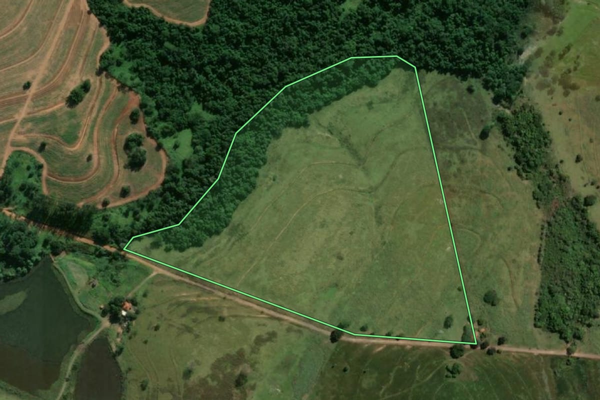 Imagem de satélite do imóvel rural em Mirandópolis (SP), com o contorno declarado no CAR desenhado por cima.