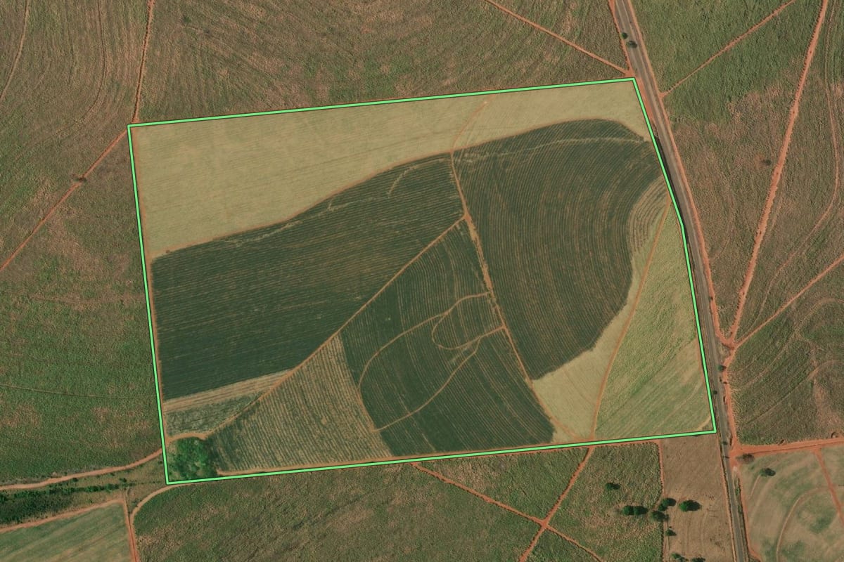 Imagem de satélite do imóvel rural em Mirandópolis (SP), com o contorno declarado no CAR desenhado por cima.