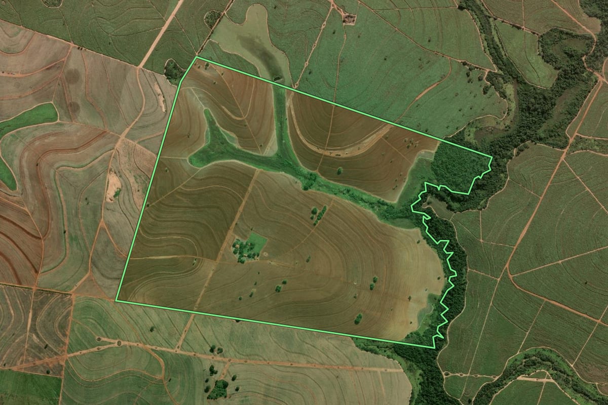 Imagem de satélite do imóvel rural em Mirandópolis (SP), com o contorno declarado no CAR desenhado por cima.