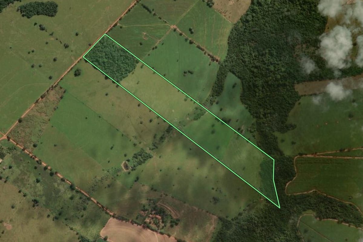 Imagem de satélite do imóvel rural em Mirandópolis (SP), com o contorno declarado no CAR desenhado por cima.