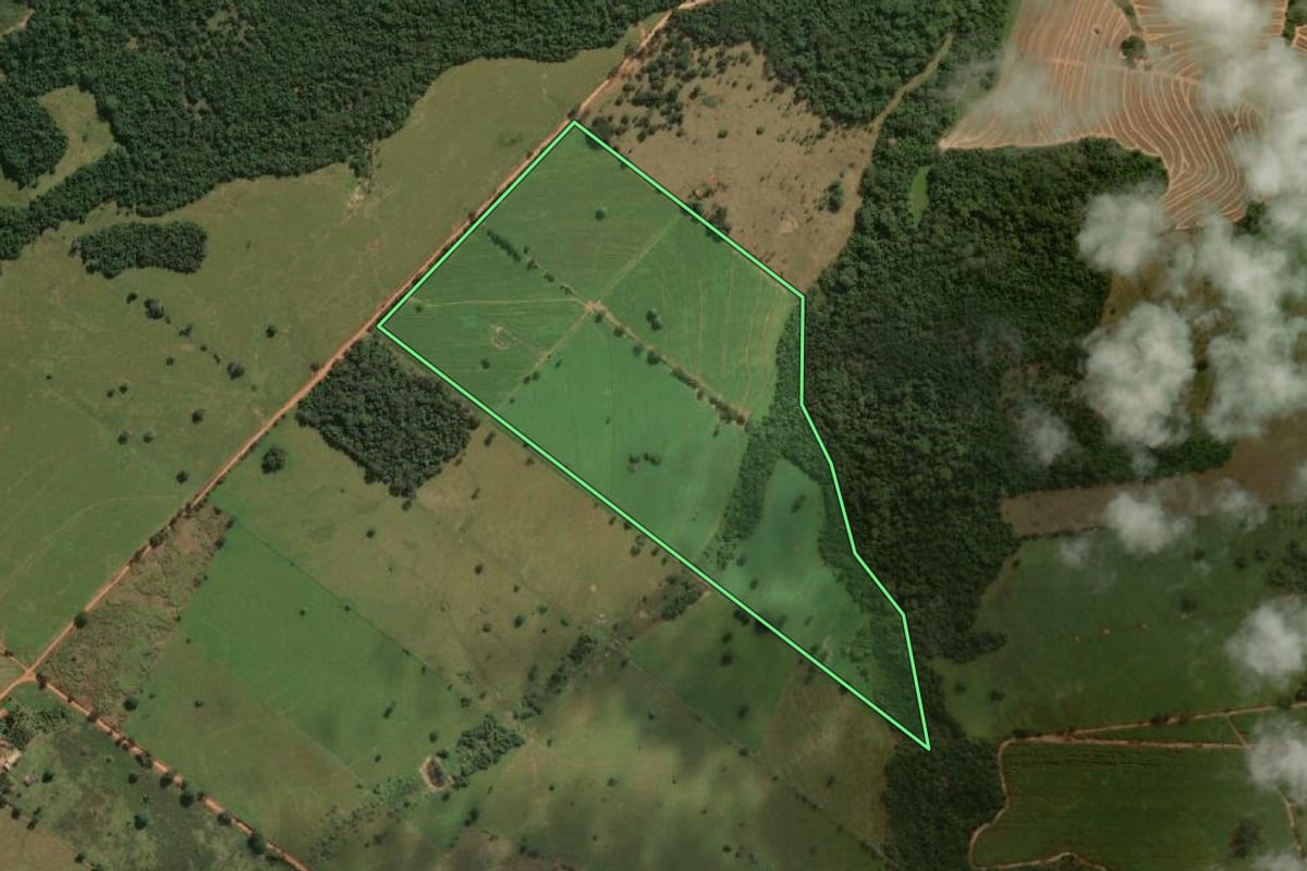 Imagem de satélite do imóvel rural em Mirandópolis (SP), com o contorno declarado no CAR desenhado por cima.