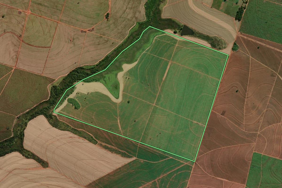 Imagem de satélite do imóvel rural em Mirandópolis (SP), com o contorno declarado no CAR desenhado por cima.
